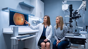 An eye doctor shows a patient an eye image on a monitor in an exam room