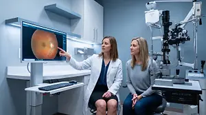 An eye doctor shows a patient an eye image on a monitor in an exam room