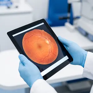 Close up of doctor holding tablet with retinal scan of eye on screen