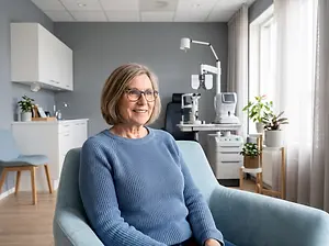 A smiling woman with short hair wearing glasses and a blue sweater sits in a chair in a clinic.