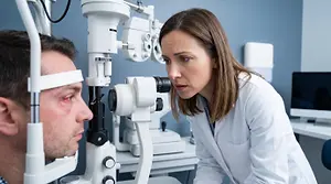 Ophthalmologist examining patient eye with slit lamp
