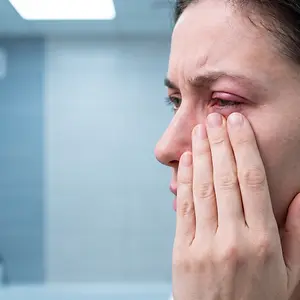A woman with a red eye is in pain. She is holding her face with her hand.