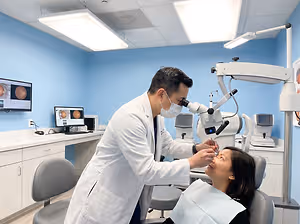 A man in a white lab coat is using a microscope to look into a woman's eye while she sits in a dental chair.