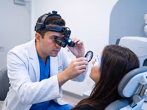 A doctor examining a patient's eye with a magnifying glass and a light