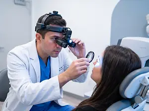 A doctor examining a patient's eye with a magnifying glass and a light