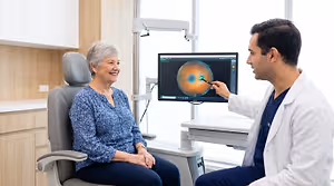 Ophthalmologist explaining the result of an OCT scan to a patient
