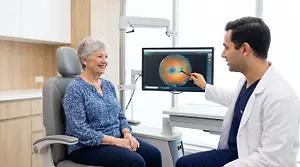 Ophthalmologist explaining the result of an OCT scan to a patient