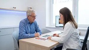 a doctor and patient discussing medical images