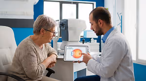 An older woman sits across from a male doctor who is looking at a tablet that displays an image of a human eye