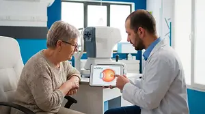 An older woman sits across from a male doctor who is looking at a tablet that displays an image of a human eye
