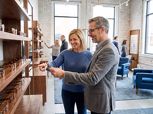 A man and woman are looking at a shelf of glasses in a store.