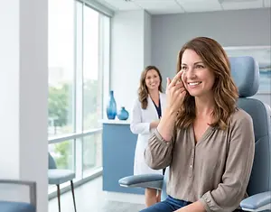 A woman is getting an eye exam at an eye care clinic