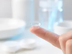Close-up of a person holding a contact lens with a blurry background