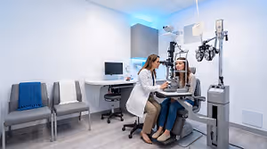 A woman is sitting in front of an eye exam machine while another woman stands in front of her with an eye exam machine and a monitor behind her.