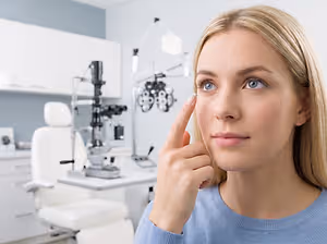 woman at optometrists office putting in contact lens