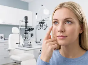 woman at optometrists office putting in contact lens