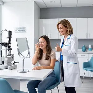 A woman doctor is giving a thumbs up to a woman patient in an eye care practice.