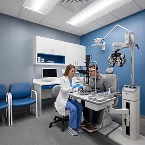 Eye doctor using specialized equipment to examine a patient's eyes