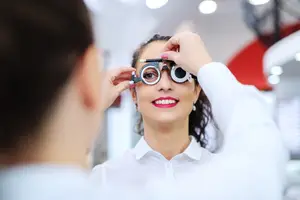 A woman wearing a white shirt and holding a pair of eyeglasses is looking into a mirror while another woman is adjusting the glasses on her face.