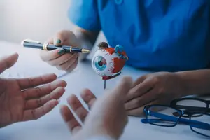 A person wearing a blue shirt is holding a pen and a small eyeball model in their hands, while another person is holding a pen and a small eyeball model in front of them, and a pair of glasses is placed on the desk.