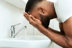 A man is washing his face in the bathroom sink
