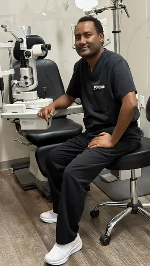 Eye doctor in an office sitting in front of an ophthalmoscope
