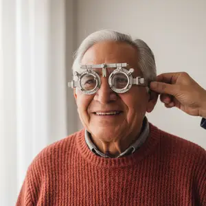 older man getting his eyes checked by an optometrist