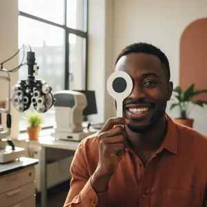 Man wearing an eye exam cover and smiling for the camera.