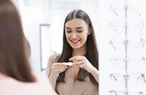 A woman holding a contact lens in her hand and looking at it in the mirror