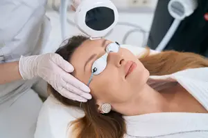 A woman is lying on a white bed with a white towel on her head and another person wearing a white robe and gloves is doing a treatment on her eyes