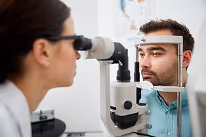 A man is having his eyes examined by an optometrist