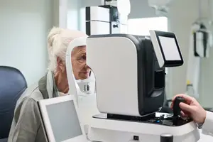 An older woman undergoes an eye examination using advanced diagnostic equipment in a clinical setting.