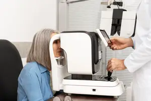 An older woman having an eye examination in a medical clinic