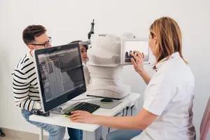 An eye doctor is checking a patient's eyes using an ophthalmoscope and a computer monitor
