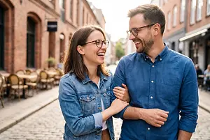 A man and woman are standing on a cobblestone street, they are smiling and looking at each other, and there are buildings and chairs in the background.