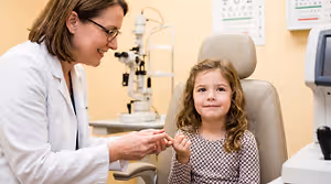 A young girl smiles as an eye doctor examines her eyes with a device in an eye care clinic.