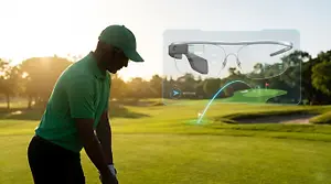 Golfer wearing AR glasses on a golf course with an overlay of the smart glasses on the grass in front of him