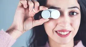 Woman holding two contact lenses in front of her eye