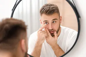 Man looking at his eye in the mirror and touching his nose