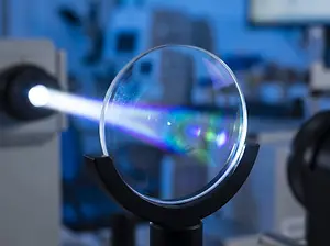 A clear lens with a purple light shining on it.