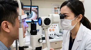 An eye doctor is using an ophthalmoscope to look into a patient's eye