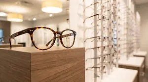 Frames are displayed on a shelf in an optical shop, including a pair of glasses on a small wooden box.