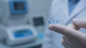 A doctor is holding a clear contact lens in a lab