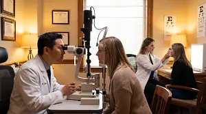 A man in a white coat is examining a woman's eye with an eye exam machine in an eye doctor's office