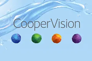 CooperVision logo with water splashes and four colorful balls