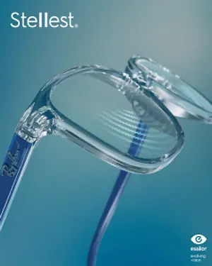 Close-up image of a pair of clear glasses with blue frames and lenses on a blue background with the brand name Stellest visible