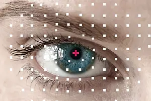 A close-up of a human eye with a red cross in the center, surrounded by small white squares, resembling a security camera grid.