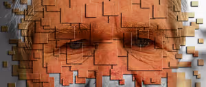 Face with a pixelated filter and a collage of brown square tiles in the background
