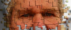 Face with a pixelated filter and a collage of brown square tiles in the background