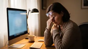 A woman sitting at a desk rubbing her temples, probably frustrated with her computer